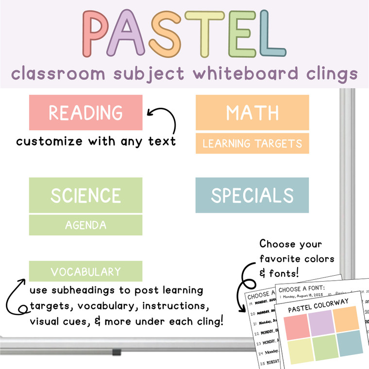 Pastel classroom subject whiteboard clings with header and subheader labels