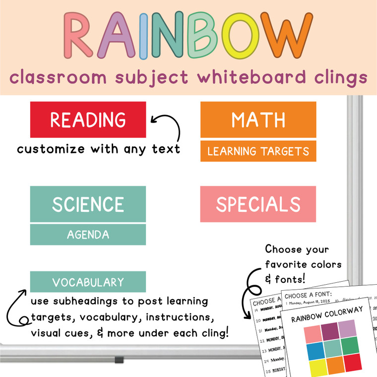 Rainbow classroom subject whiteboard clings with header and subheader labels