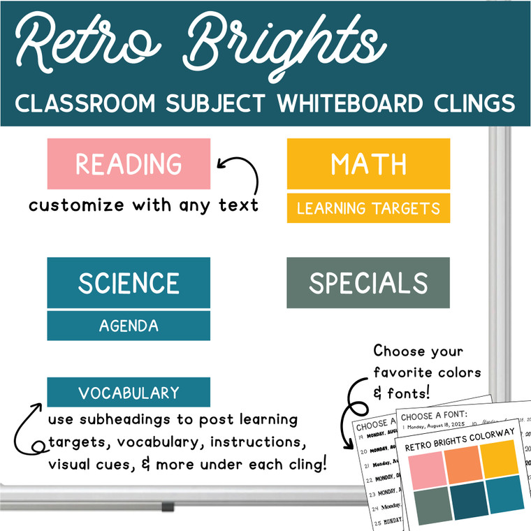 Teacher applying Retro Brights subject cling to whiteboard