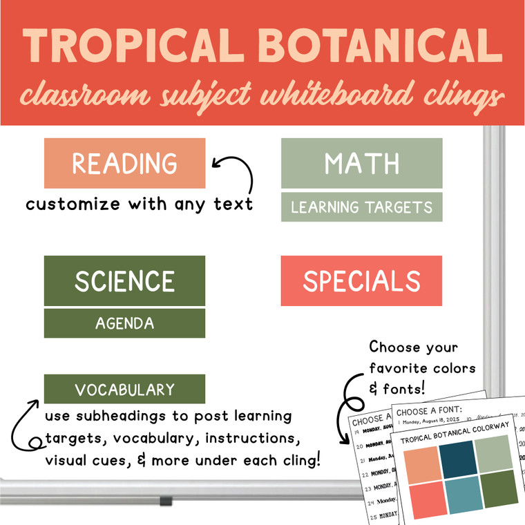 Tropical Botanical classroom subject whiteboard clings with header and subheader labels