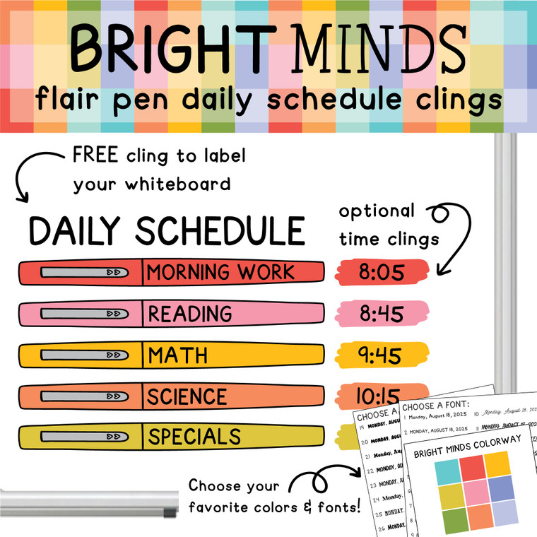 Bright Minds flair pen daily schedule whiteboard clings with a free Daily Schedule header and optional time clings