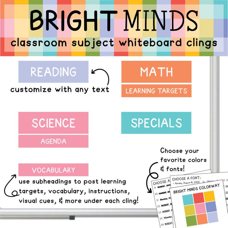 Bright Minds classroom subject whiteboard clings with header and subheader labels