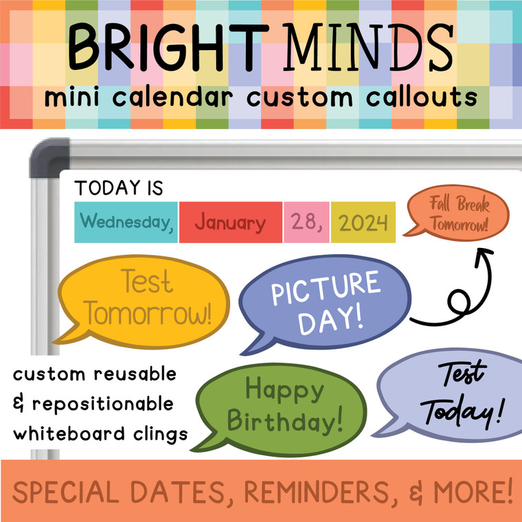 Bright Minds mini calendar callout clings for tests, picture day, and birthdays