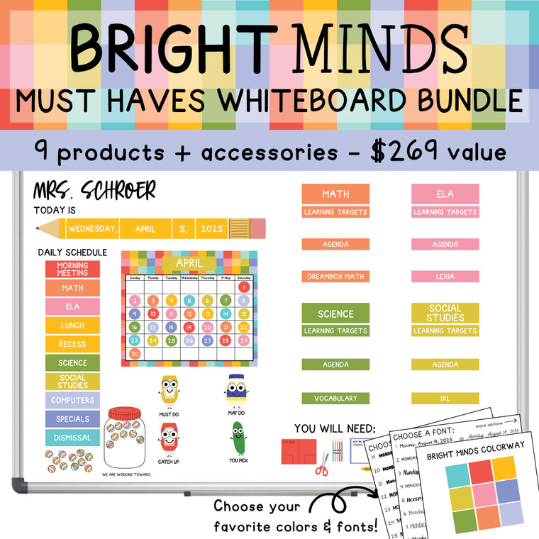 Bright Minds Must Haves Whiteboard Bundle with calendar, teacher name, daily schedule, and subject clings