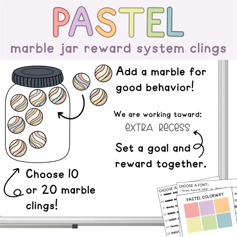 Pastel marble jar reward system clings with a class goal on a whiteboard