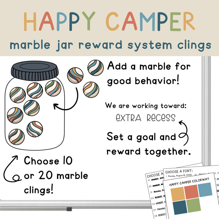 Happy Camper marble jar reward system clings with a class goal on a whiteboard