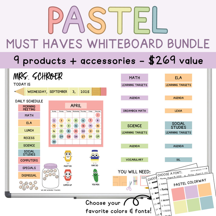 Pastel Must Haves Whiteboard Bundle with calendar, teacher name, daily schedule, and subject clings