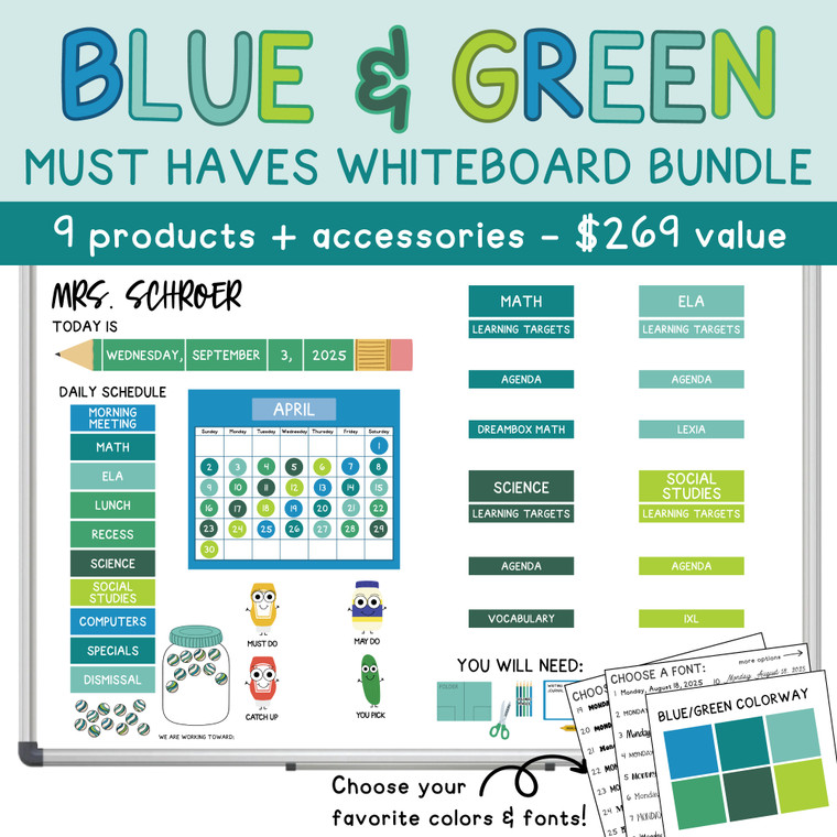 Blue and Green Must Haves Whiteboard Bundle with calendar, teacher name, daily schedule, and subject clings