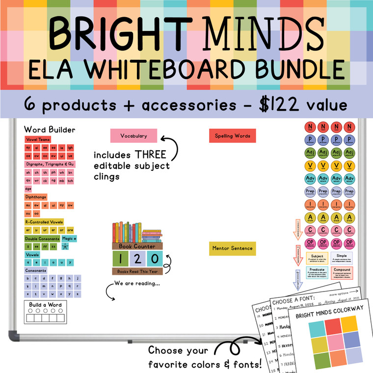 Bright Minds ELA Whiteboard Bundle on a whiteboard with word builder, parts of speech, book counter, and subject clings