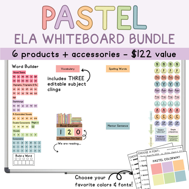 Pastel ELA Whiteboard Bundle on a whiteboard with word builder, parts of speech, book counter, and subject clings