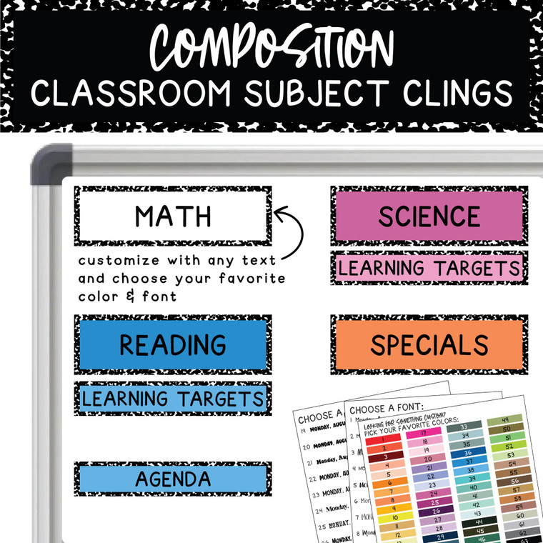 Composition classroom subject clings with a black-and-white notebook border and colored labels