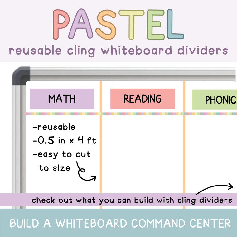 Pastel reusable whiteboard cling dividers sectioning a whiteboard with subject clings