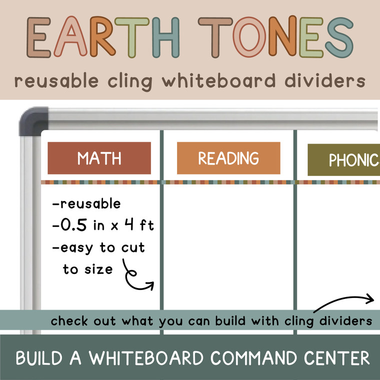 Earth Tones reusable whiteboard cling dividers sectioning a whiteboard with subject clings