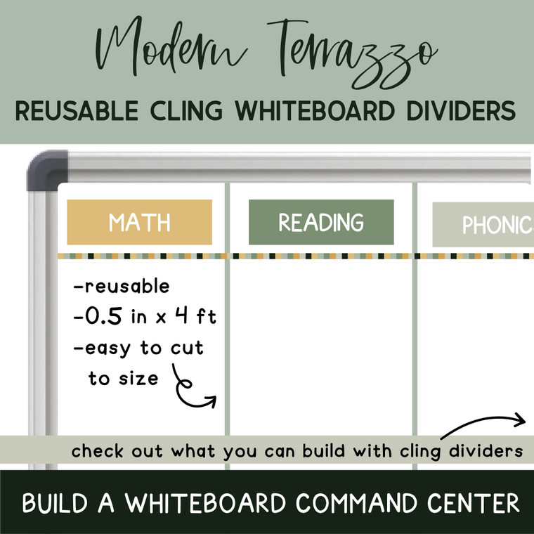 Modern Terrazzo reusable whiteboard cling dividers sectioning a whiteboard with subject clings
