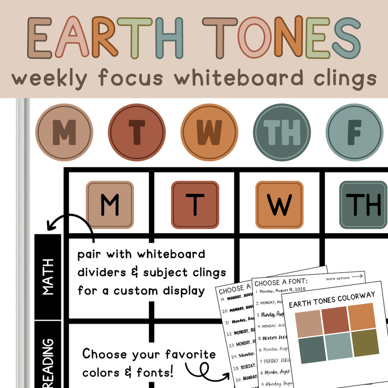Earth Tones Weekly Focus Monday through Friday whiteboard clings