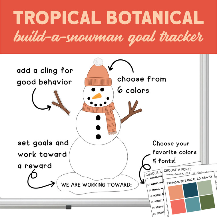 Tropical Botanical Build-a-Snowman goal tracker clings with a class goal on a whiteboard