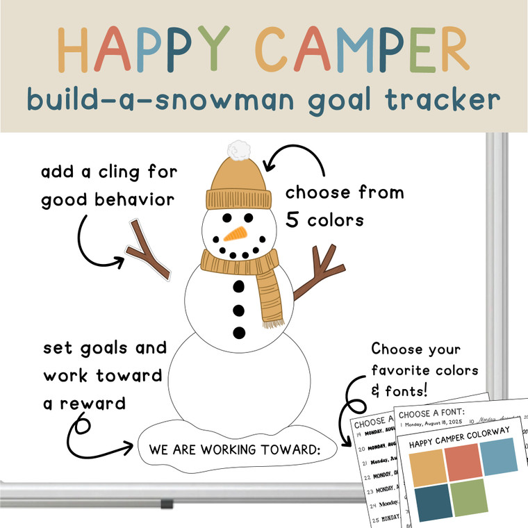 Happy Camper Build-a-Snowman goal tracker clings with a class goal on a whiteboard