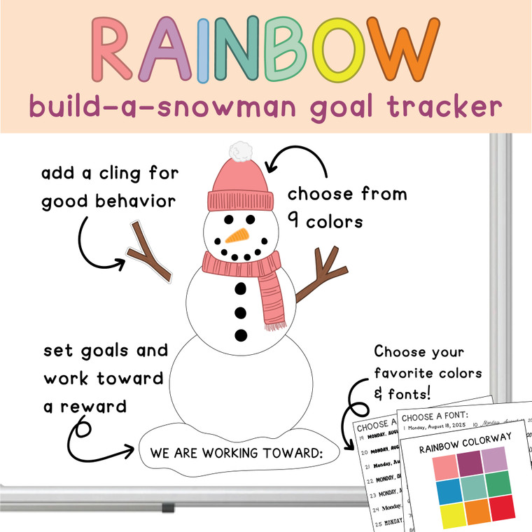 Rainbow Build-a-Snowman goal tracker clings with a class goal on a whiteboard