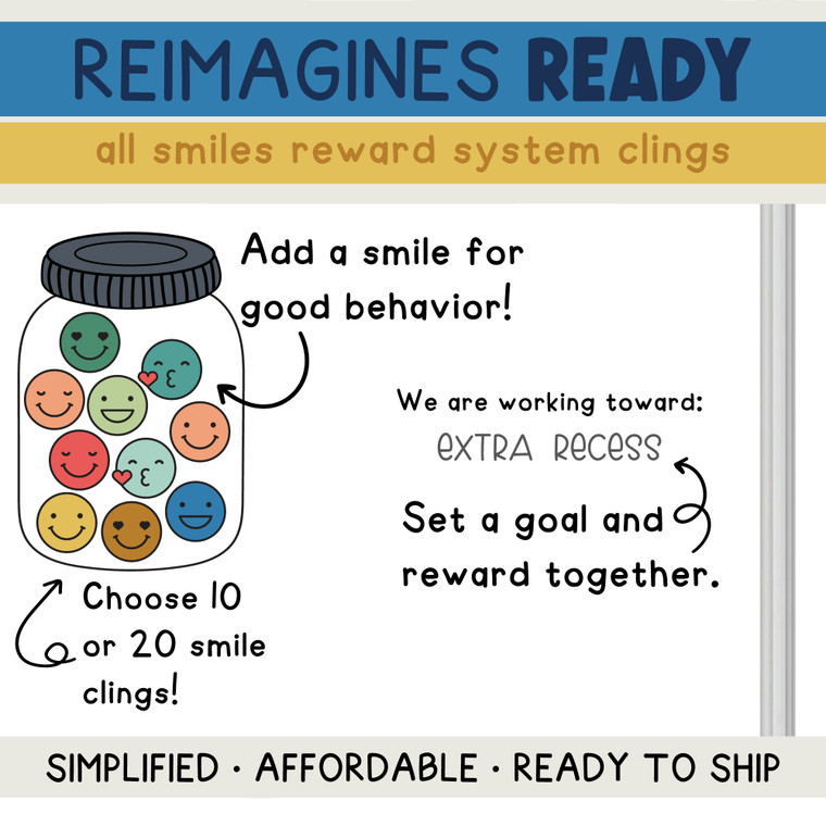 Reimagines Ready All Smiles incentive jar reward system clings with a class goal on a whiteboard