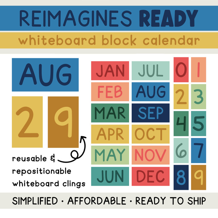 Reimagines Ready block calendar whiteboard clings with 12 month clings and 12 number clings