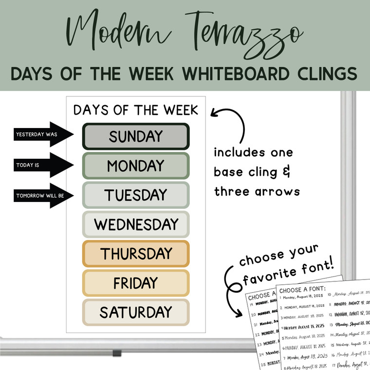 Modern Terrazzo days of the week whiteboard clings and arrows