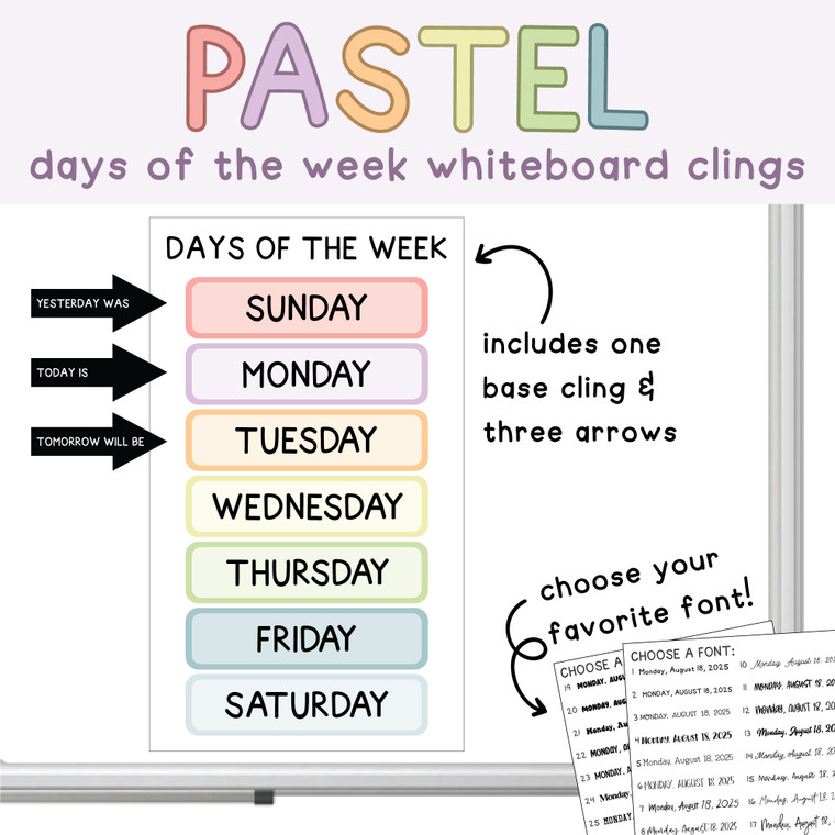 Pastel days of the week whiteboard clings and arrows