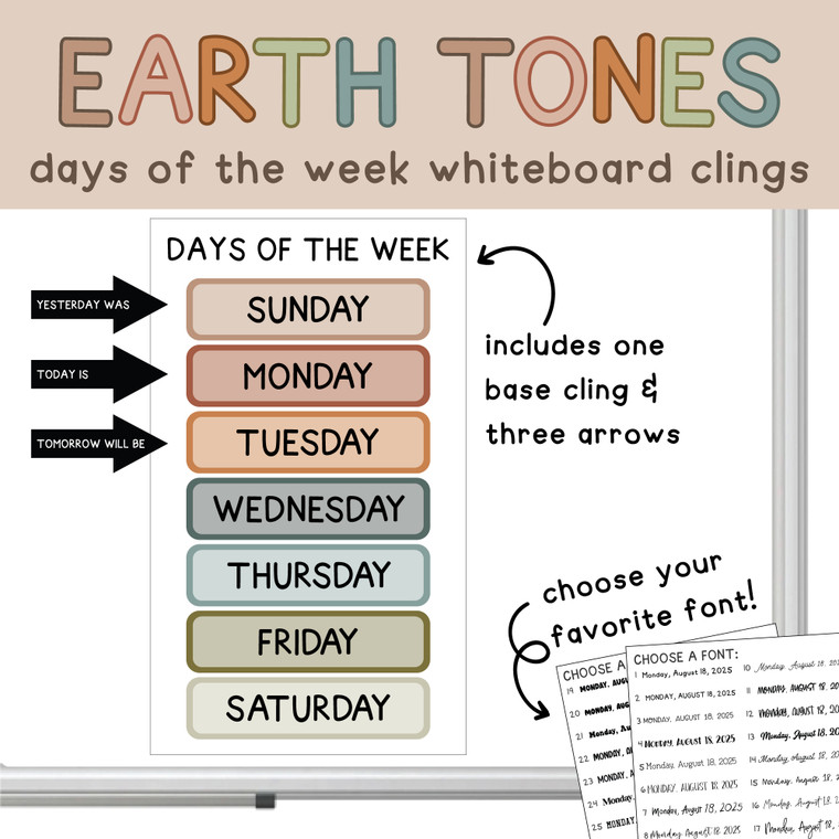 Earth Tones days of the week whiteboard clings and arrows