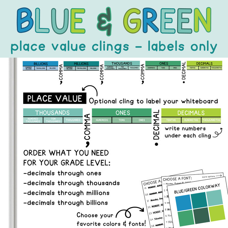 blue and green place value labels