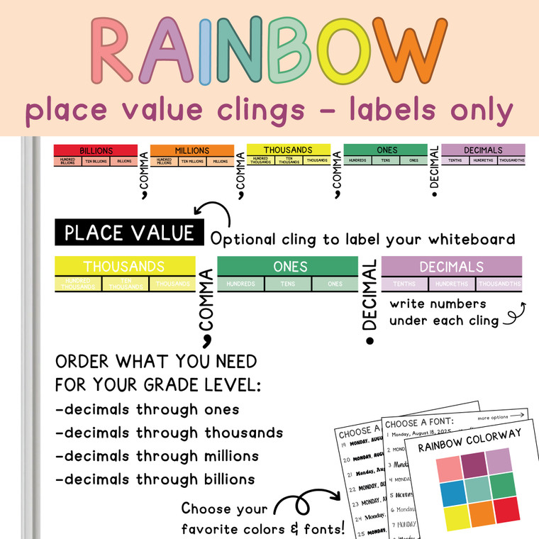Rainbow place value label clings on a whiteboard