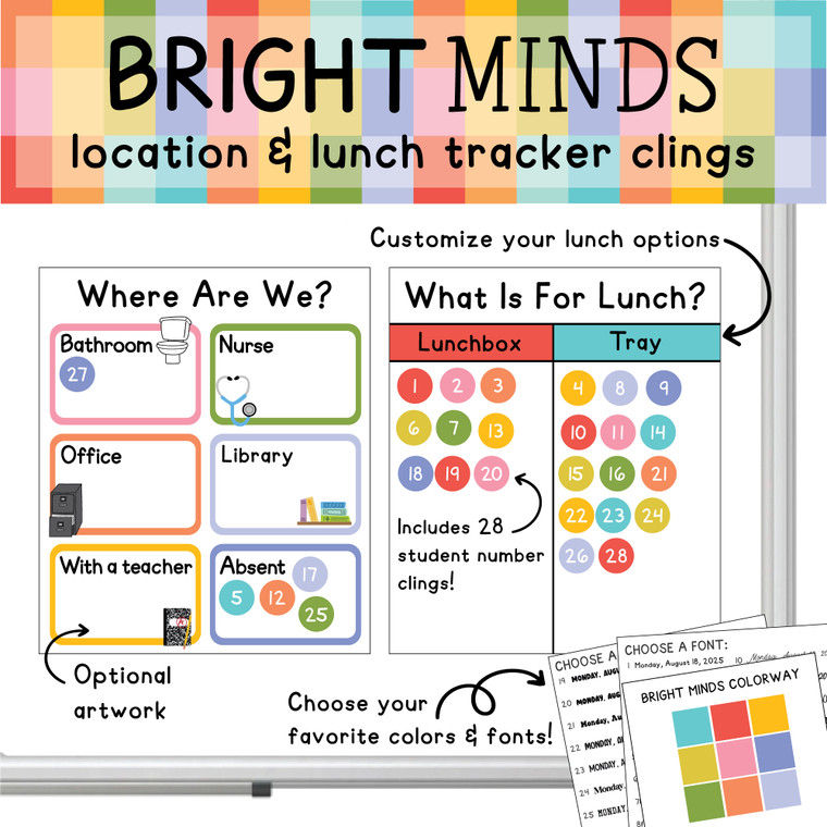 Bright Minds location and lunch tracker whiteboard clings