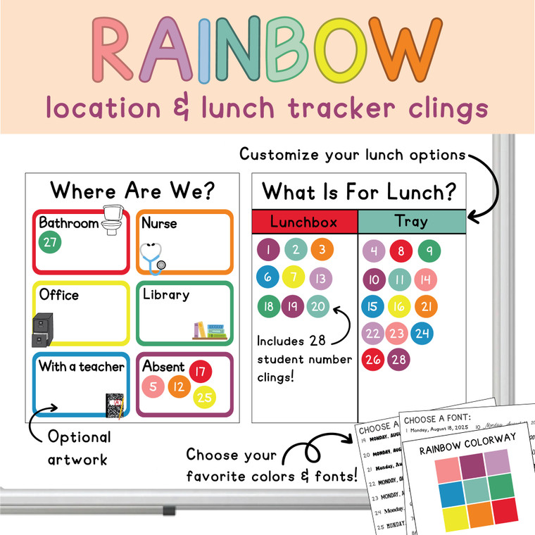 Rainbow location and lunch tracker whiteboard clings