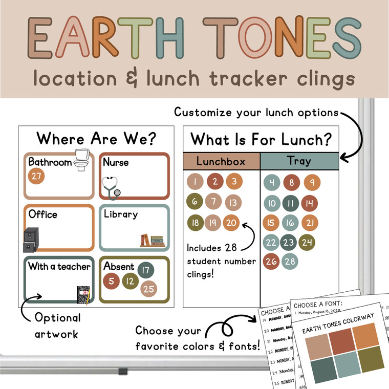 Earth Tones location and lunch tracker whiteboard clings