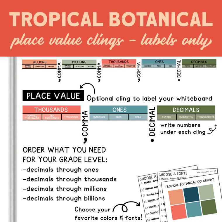 Tropical Botanical place value label clings on a whiteboard