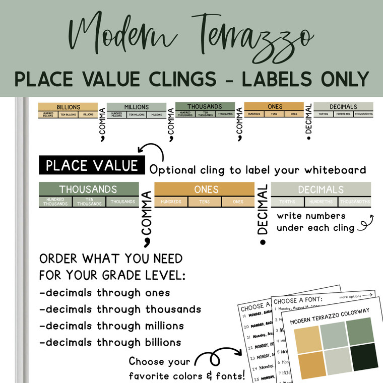 Modern Terrazzo place value label clings on a whiteboard