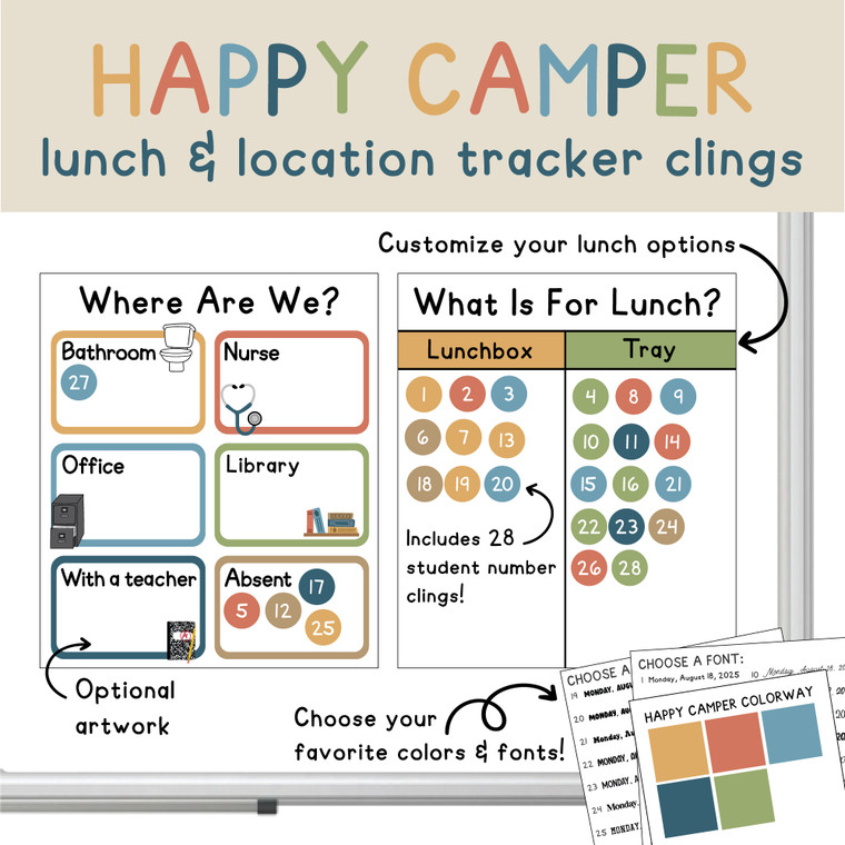 Happy Camper location and lunch tracker whiteboard clings