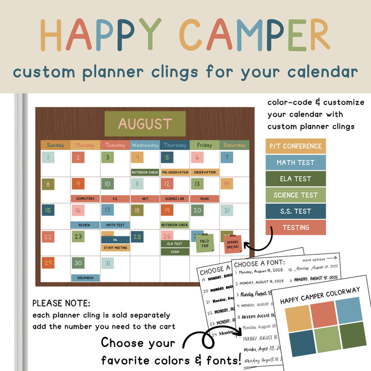 Happy Camper custom planner clings labeling tests, meetings, and breaks on a whiteboard calendar