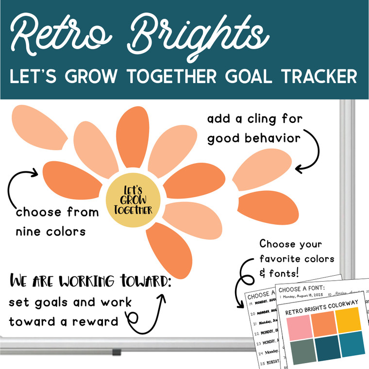 Retro Brights Let's Grow Together flower goal tracker clings with a class goal on a whiteboard