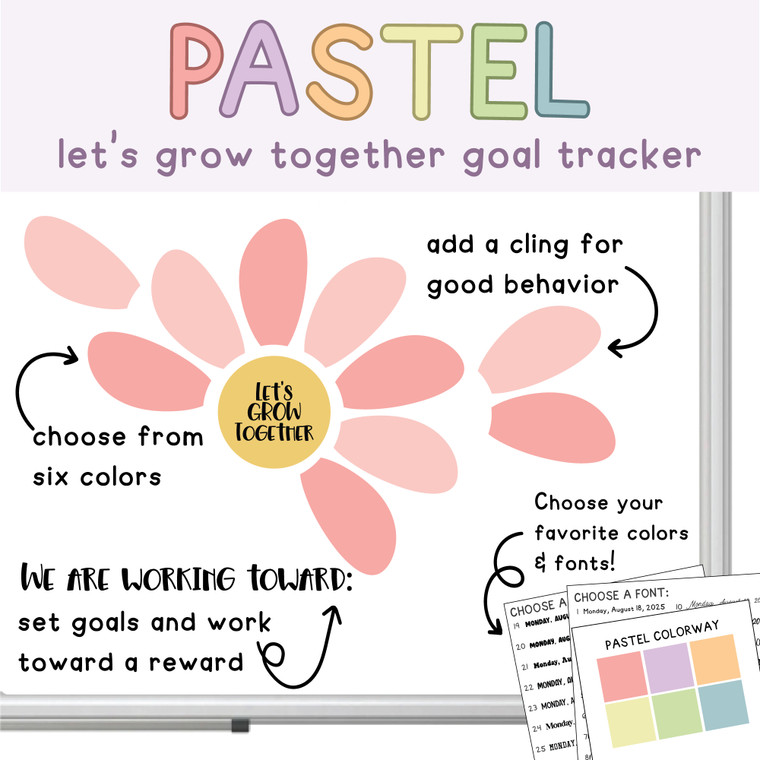 Pastel Let's Grow Together flower goal tracker clings with a class goal on a whiteboard