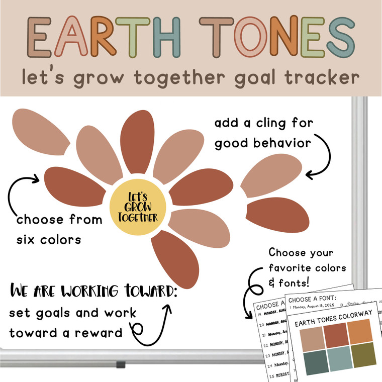 Earth Tones Let's Grow Together flower goal tracker clings with a class goal on a whiteboard
