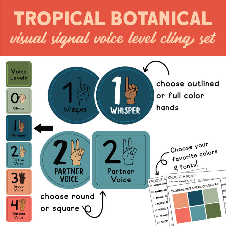 Set of 7 colorful whiteboard clings showing hand signals for classroom voice levels 0 to 4 with a movable black arrow indicator.