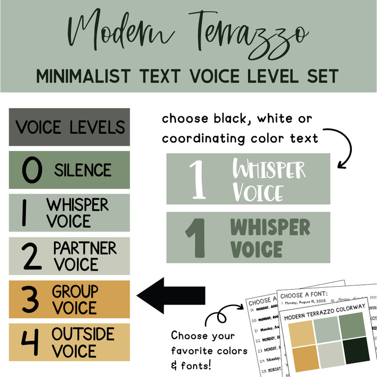 Whiteboard display showing a sleek minimalist voice level chart with a black arrow pointing to the current classroom noise expectation.