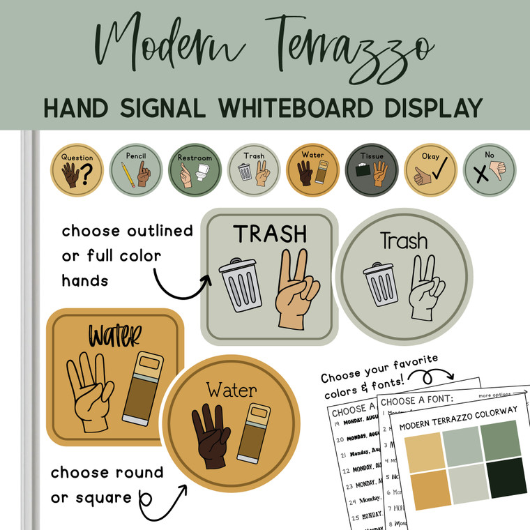 Modern Terrazzo classroom hand signal whiteboard clings