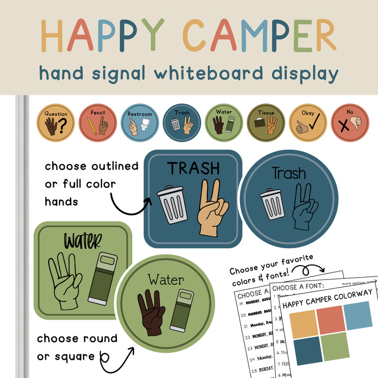 Happy Camper classroom hand signal whiteboard clings