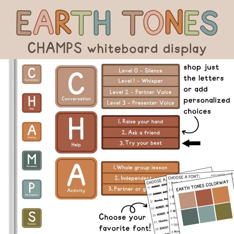 Earth Tones CHAMPS whiteboard display with letter clings, expectation options, and arrows