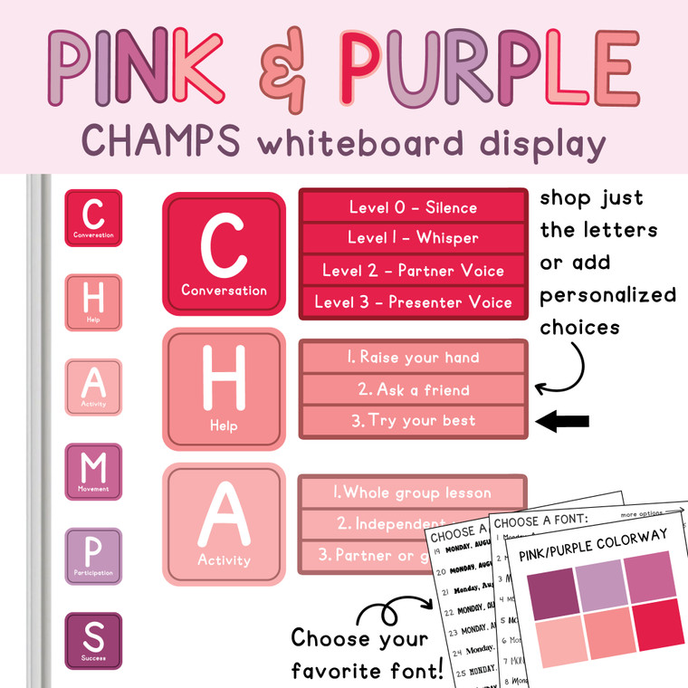 pink and purple CHAMPS whiteboard display