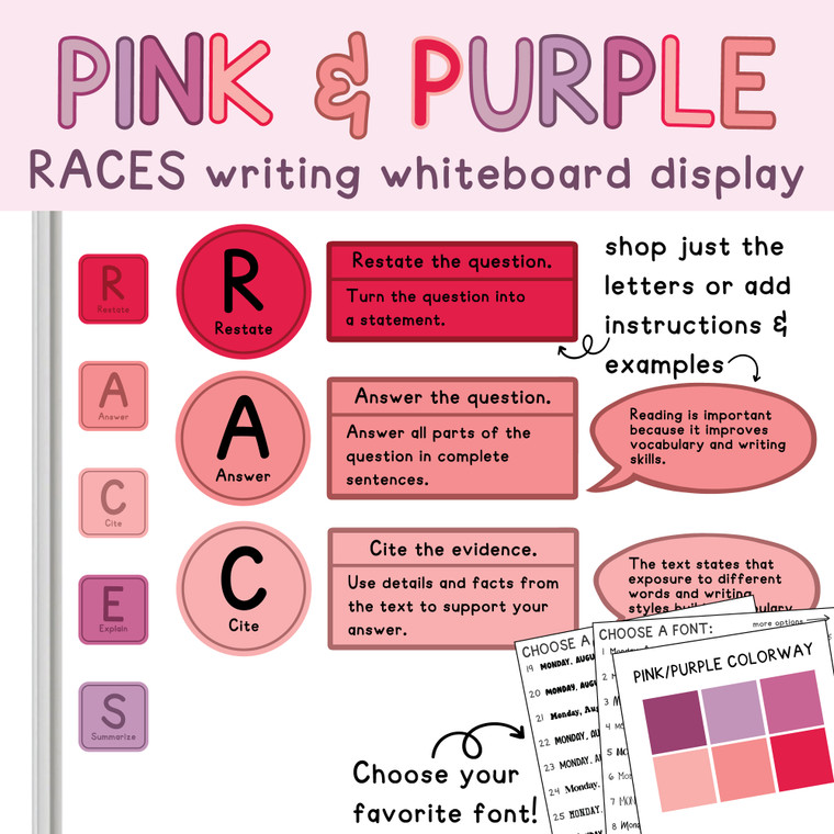 Pink and Purple RACES writing strategy whiteboard display with letters, instructions, and examples