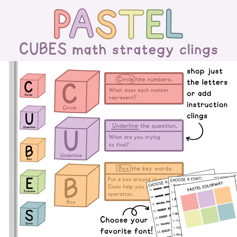 Pastel CUBES math strategy clings on a whiteboard