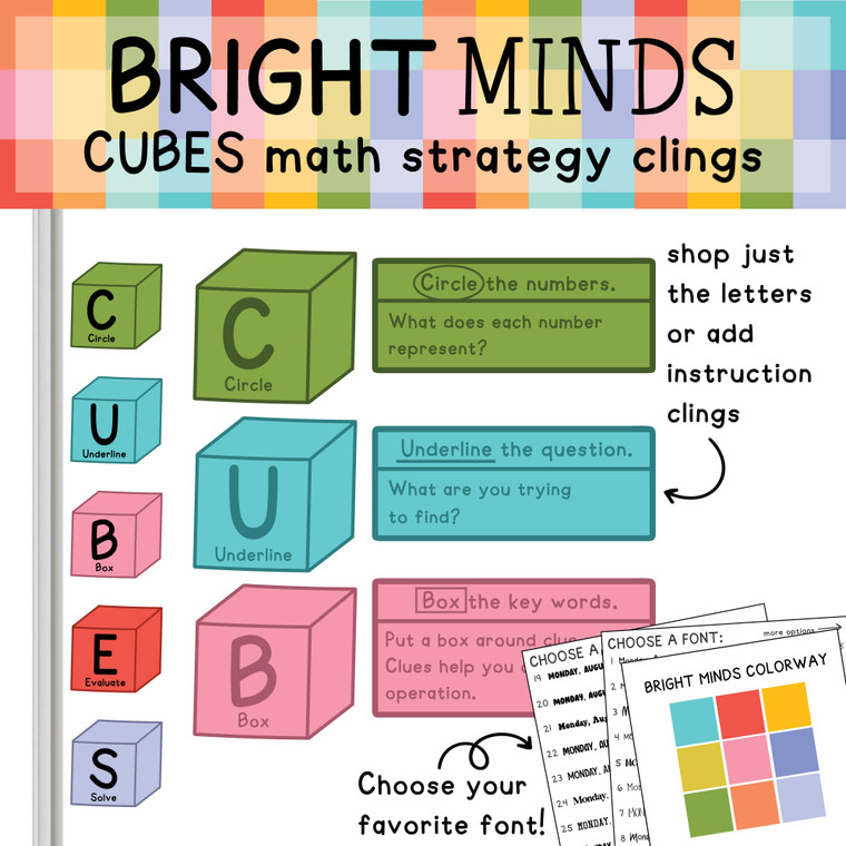 Bright Minds CUBES math strategy clings on a whiteboard