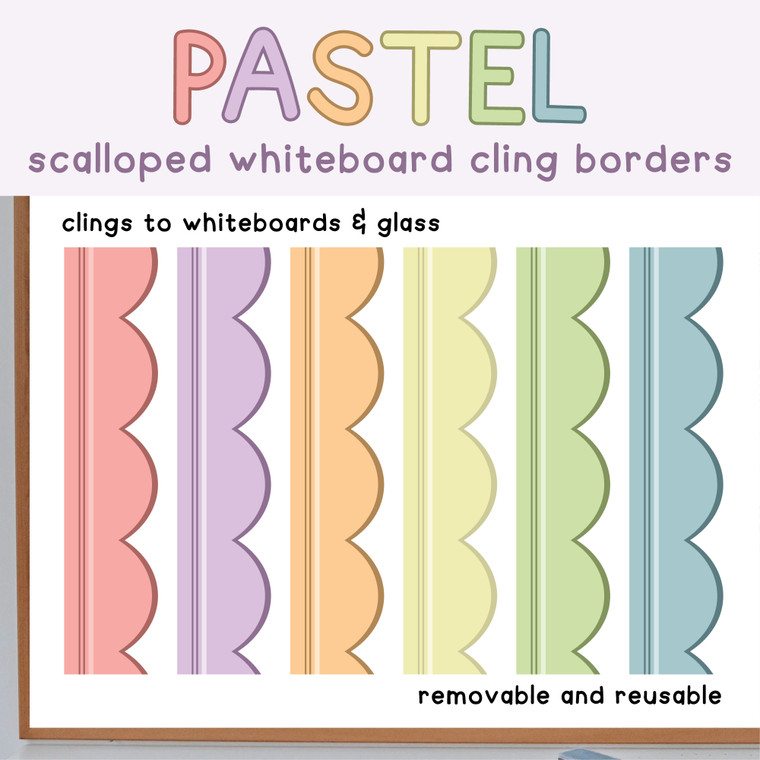 Pastel scalloped whiteboard cling borders in every style, shown side by side