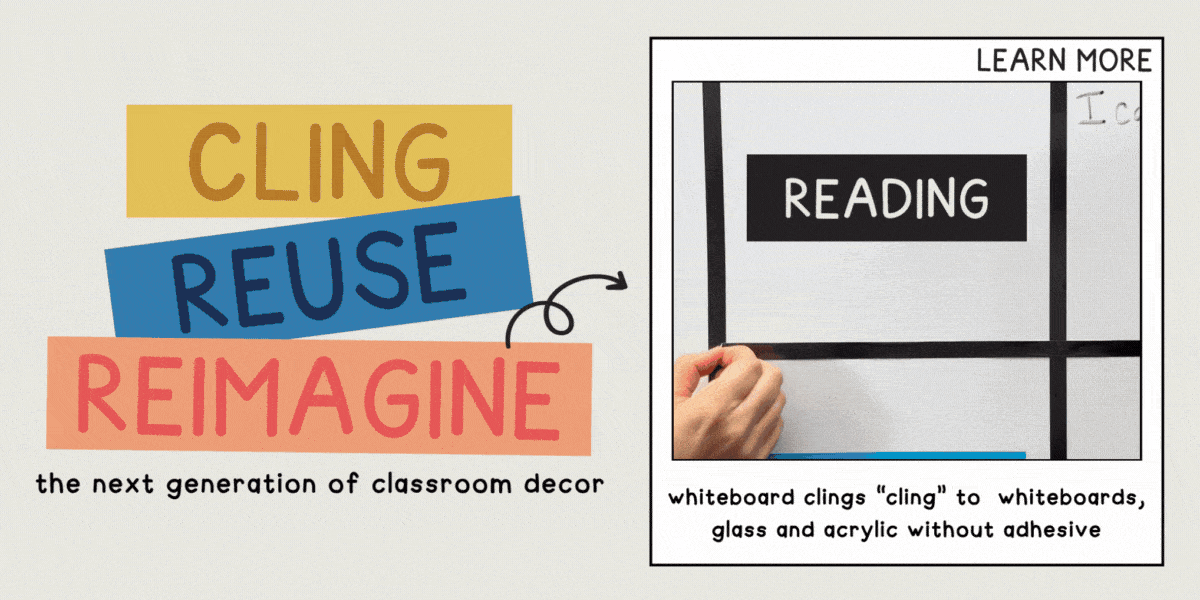 Hands smoothing a Reading header cling and black divider strips onto a whiteboard. Whiteboard clings stick to whiteboards, glass and acrylic without adhesive.